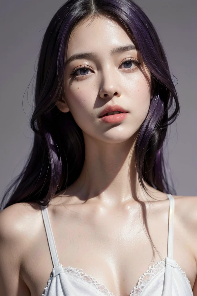 best quality,masterpiece,extremely detailed,high res,4k,ultra high res,detailed shadow,ultra realistic,realistic,dramatic lighting,1girl,solo,detailed face,realistic eyes,realistic skin,white dress,purple hair,dynamic pose, white lace dress
