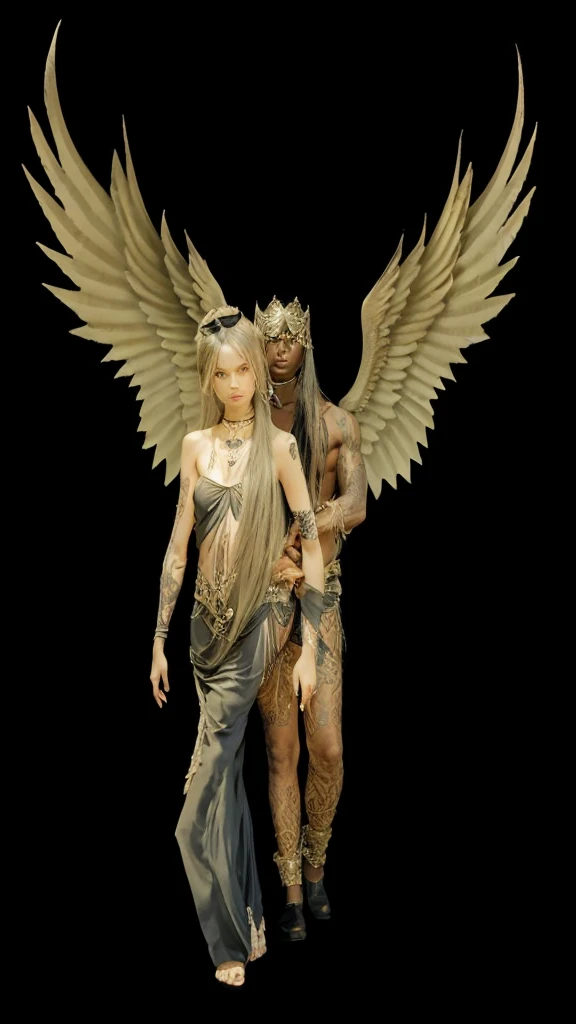 a black man with long straight black hair and black wings, embracing a beautiful slender girl in beachwear, intricate details, chiaroscuro lighting, high quality, photorealistic, cinematic, dramatic, dark fantasy, dramatic, moody, chiaroscuro lighting, hyper detailed, 8k, masterpiece, cinematic composition