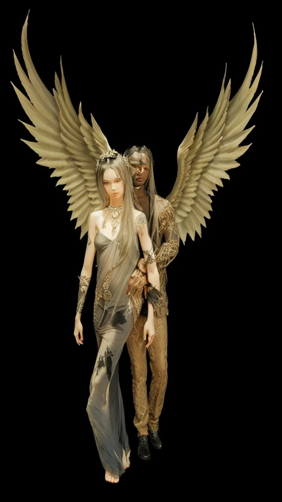 a black man with long straight black hair and black wings, embracing a beautiful slender girl in beachwear, intricate details, chiaroscuro lighting, high quality, photorealistic, cinematic, dramatic, dark fantasy, dramatic, moody, chiaroscuro lighting, hyper detailed, 8k, masterpiece, cinematic composition