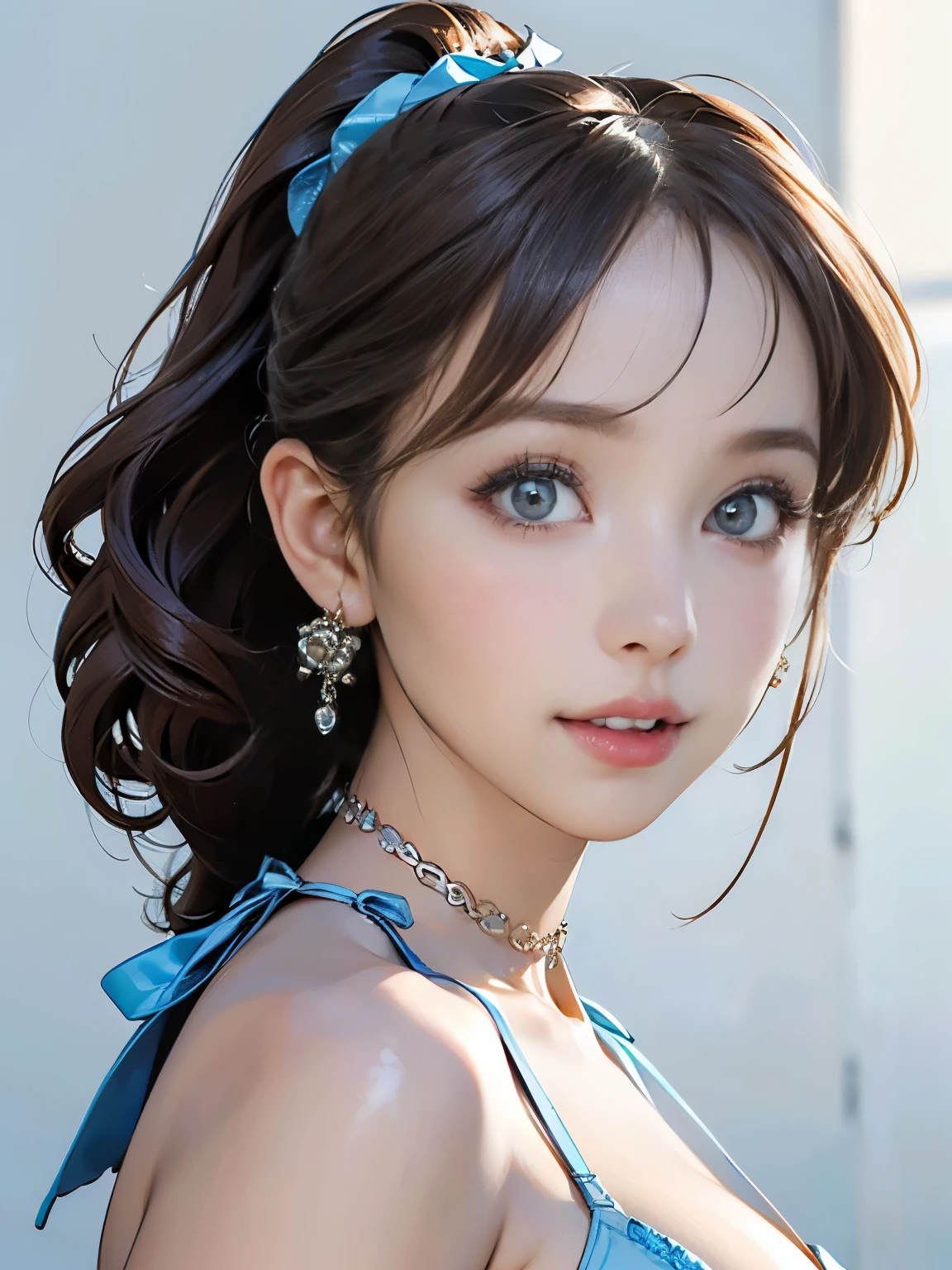 ((((Highest quality))))、(((Ultra-precision CG16K wallpaper)))、(((masterpiece)))、(((Super detailed)))、(((Extreme detail)))、((１Mature 29 year old woman:1.6))、((Very beautiful Japan face of a person))、((Urizane Face:1.8))、((One curl ponytail hair:1.6))、(Shiny Hair)、A delicately drawn beautiful face、(Dark Eyes、Detailed pupil and iris、Detailed eyelashes、Reflected light from the eye)、double eyelid、High nose、Small nostrils、Small Mouth、Seductive lips、Beautiful breasts、((C cup size breasts))、Cleavage、Perfect proportions、Perfect Anatomy、Perfect composition、Beautiful detailed shading、Beautiful, natural lighting、Beautiful detail glow、Depth of written boundary、(((High chroma)))、(((Real:1.9)))、((vivid:1.5))、((Beautiful Skin))、((Skin Texture))、((Realな皮膚感))、(((Bust Shot:1.6)))、(((front view、shoot from front、front low angle:1.8)))、(((Half-open mouth、Surprised face:1.4)))、(((looking at viewer:1.6)))、Bright daylight、Natural light、(((background_Flower Garden:1.5)))、((Light blue micro bikini bra:1.6))、(Standing pose:1.6)、((Scrunchie Ribbon、choker、Wearing earrings:1.5))、