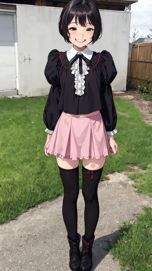 1girl,,petit,grin,outdoor,miniskirt,thighhighs,,boots,frill blouse