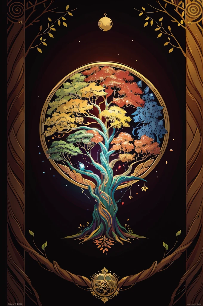 circular tree,four seasons,spring,summer,autumn,winter,leaves,roots,branches,trunk,ornate border,decorative,digital illustration,artwork,movement,time,swirling background,dark background,vibrant colors,natural,life cycle,growth,change,nature,life,peace,harmony,spirituality,symbolism,digital art,illustration,painting,graphic design,art,design,digital media,online art,visual art,fine art,fantasy