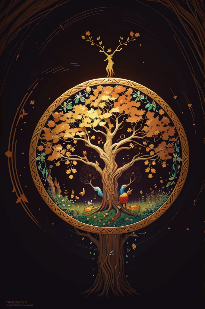 circular tree,four seasons,spring,summer,autumn,winter,leaves,roots,branches,trunk,ornate border,decorative,digital illustration,artwork,movement,time,swirling background,dark background,vibrant colors,natural,life cycle,growth,change,nature,life,peace,harmony,spirituality,symbolism,digital art,illustration,painting,graphic design,art,design,digital media,online art,visual art,fine art,fantasy