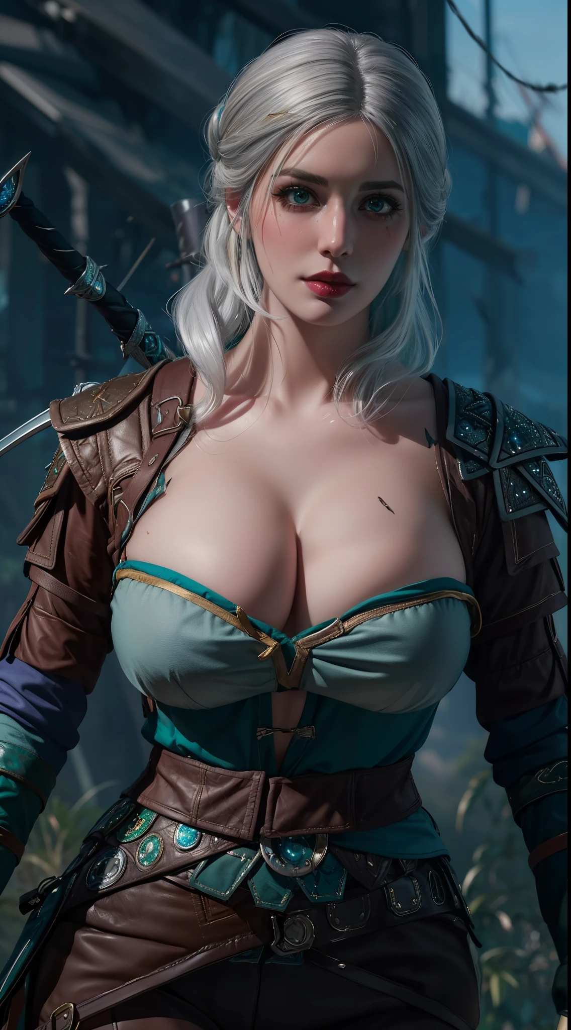 (masterpiece:1.3), (8k, photorealistic, RAW photo, best quality: 1.4), (1girl), (((Ciri from Witcher 3 with huge massive breasts))), overflowing cleavage, buttons straining, breast expansion,beautiful face, (realistic face), beautiful white hair, realistic green eyes, beautiful detailed green eyes, (realistic skin), beautiful skin, (sweater), absurdres, attractive, ultra high res, ultra realistic, highly detailed, golden ratio, deep cleavage, , ((facial curved scar  left cheek)), ((dark fantasy ))