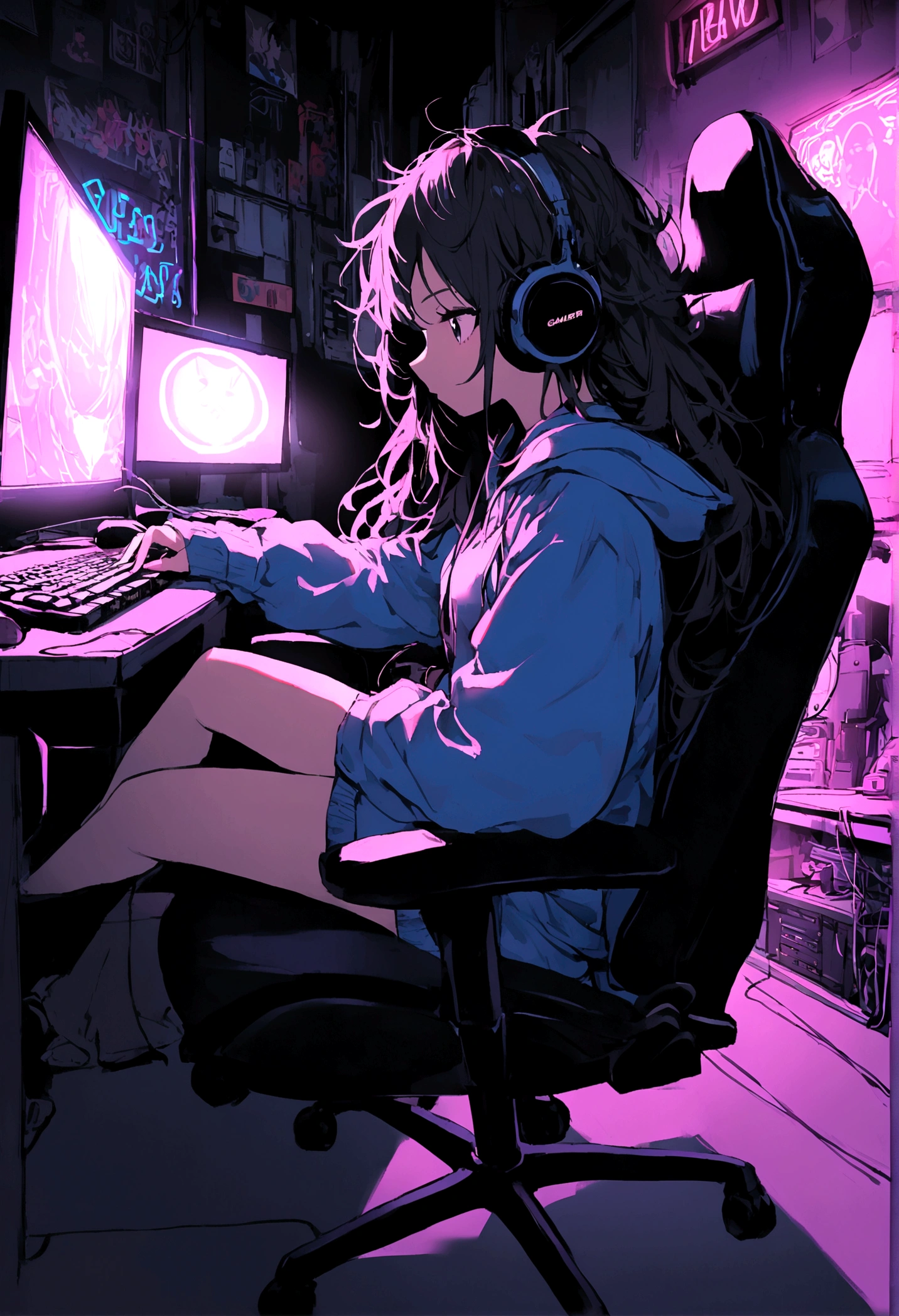 1girl, gamer chair, headphones, computer, black hair, messy hair, long hair, sitting on the chair, dark room, neon lights, hacker style, hoodie,