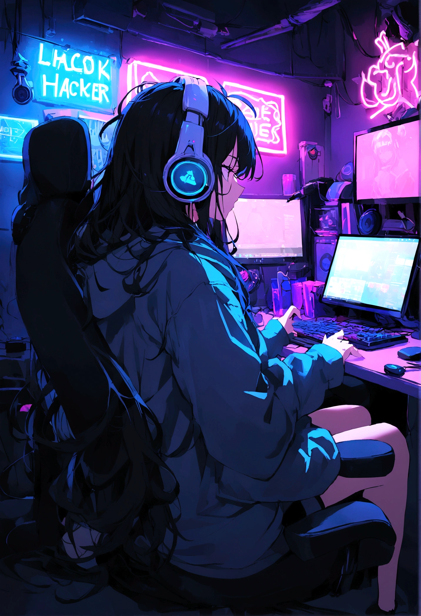 1girl, gamer chair, headphones, computer, black hair, messy hair, long hair, sitting on the chair, dark room, neon lights, hacker style, hoodie,