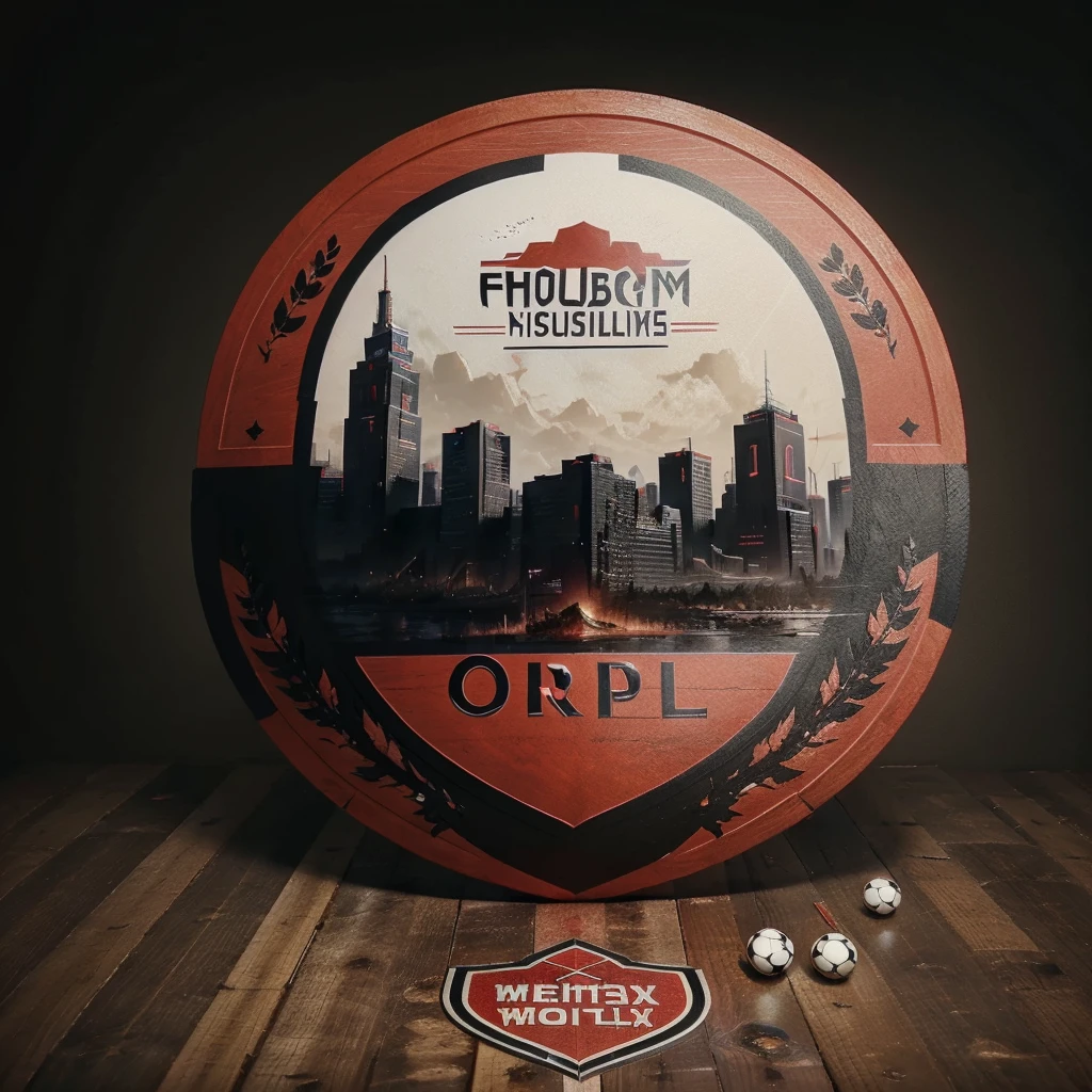 Soccer shield with a ball that is red and black and has a phoenix and a city and its name is barbas 