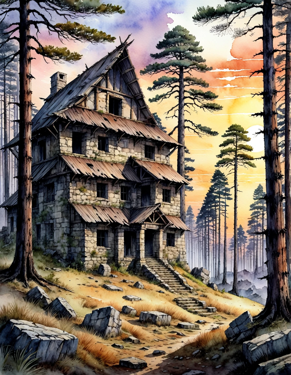 New Dawn Apocalyptic Sunset Watercolor Painting, pine forest，Cattlepunk, stone buildings, old world, ancient ruins, landscape，detailed, Practical, 8K Ultra HD, high quality