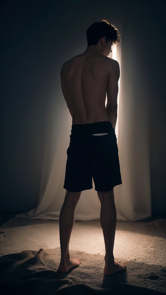 High-definition full naked ass body of a handsome teenage Korean boy, 19 years old, standing with his back to the audience, revealing his naked silhouette under the moonlight a group of people in crisp white shirts, black shorts blurred in the background turned to face looking this boy.,resembling a dreamy, ethereal Tim Walker photoshoot.