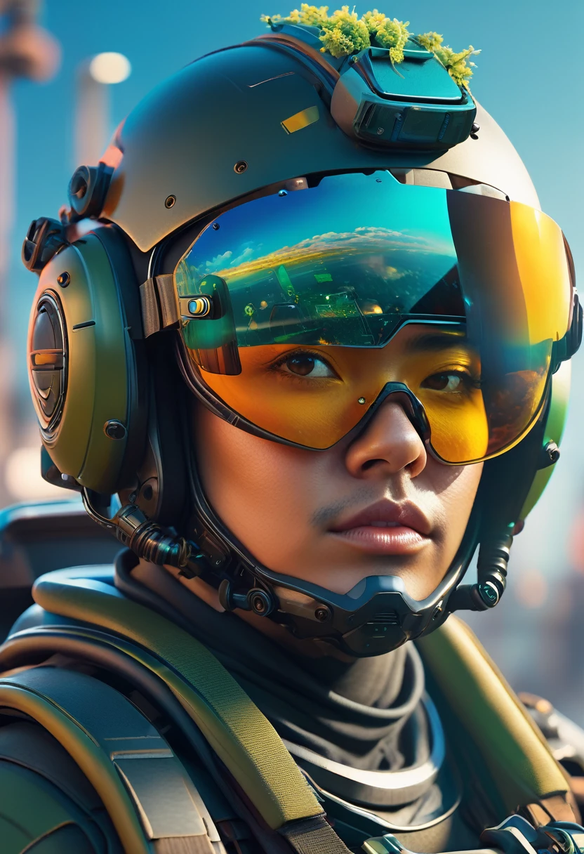 Close-up of a person wearing a helmet and glasses, science fiction soldier, futuristic soldier, cinematic beeple, style hybrid mix of beeple, epic sci fi character art., epic sci fi character art, Wojtek FUS, sci-fi digital art, Beeple. octane rendering, cyberpunk soldier, Beeple |