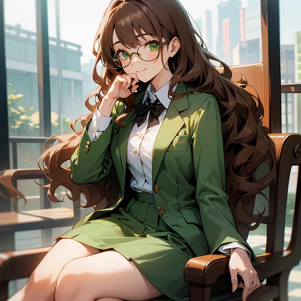 1female, adult, finely detailed green eyes, wavy long hair, brown hair color, blazer suit, long sleeve button down shirt, skirt, glasses, sitting in chair, tokyo streets, day time, happy expression, flowers