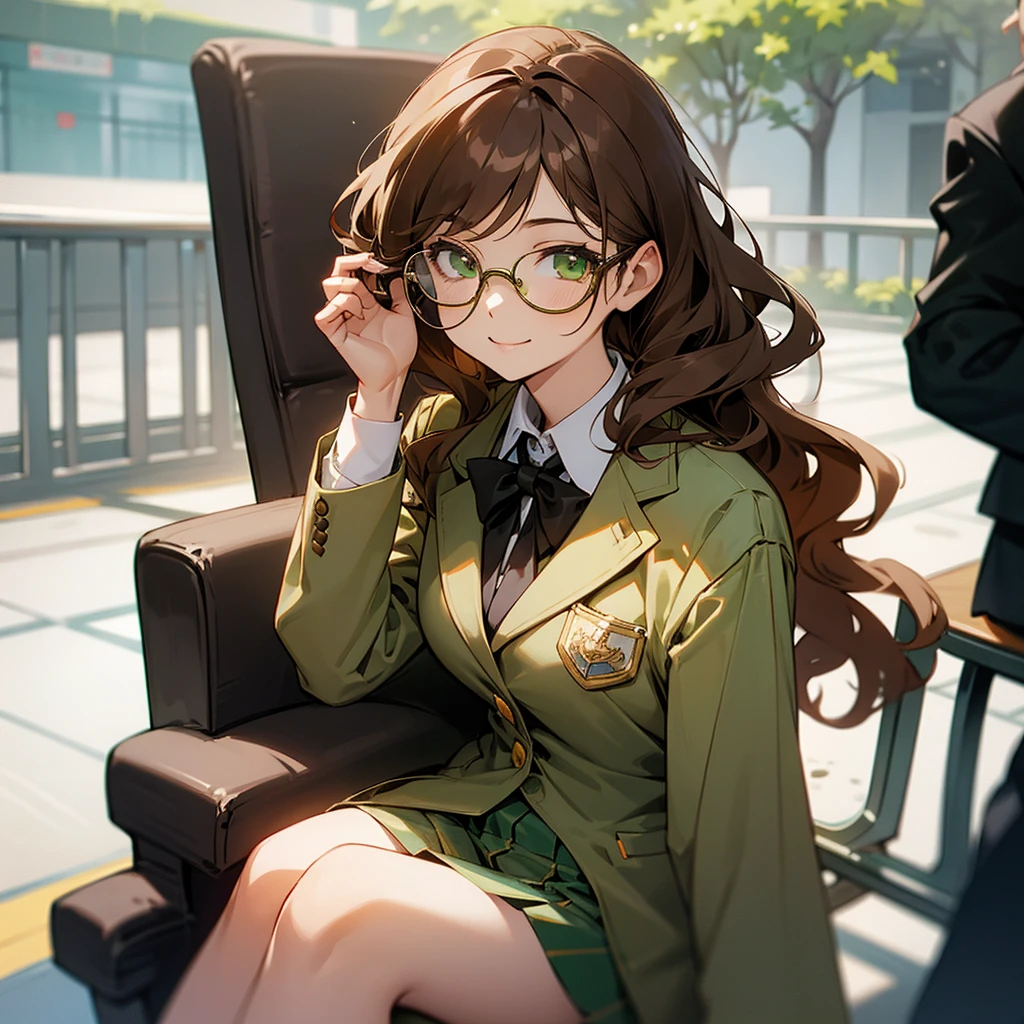 1female, adult, finely detailed green eyes, wavy long hair, brown hair color, blazer suit, long sleeve button down shirt, skirt, glasses, sitting in chair, tokyo streets, day time, happy expression, flowers