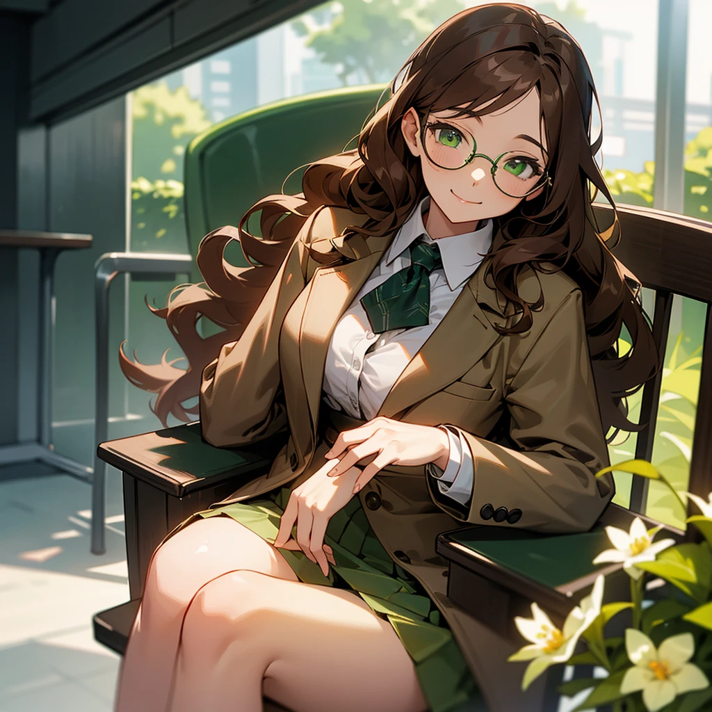 1female, adult, finely detailed green eyes, wavy long hair, brown hair color, blazer suit, long sleeve button down shirt, skirt, glasses, sitting in chair, tokyo streets, day time, happy expression, flowers