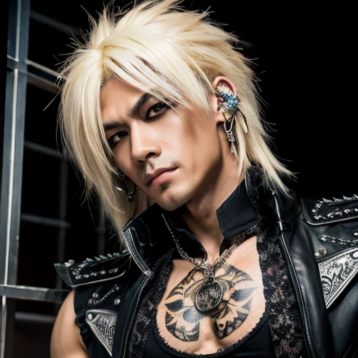 1 japanese male rocker, asien eyes, Visual Kai hairstyle, ultra detailed face and body, hyperrealistic, realistic representation, muscular, broad shoulders, tattoos gothic style, piercings, Visual Kei style, hairstyle Visual Kei, blond, 40 years old, age 40 outfit gothic streampunk, men's shirt and black pants, Asian eyes, eyes Asian, long hair, long hair