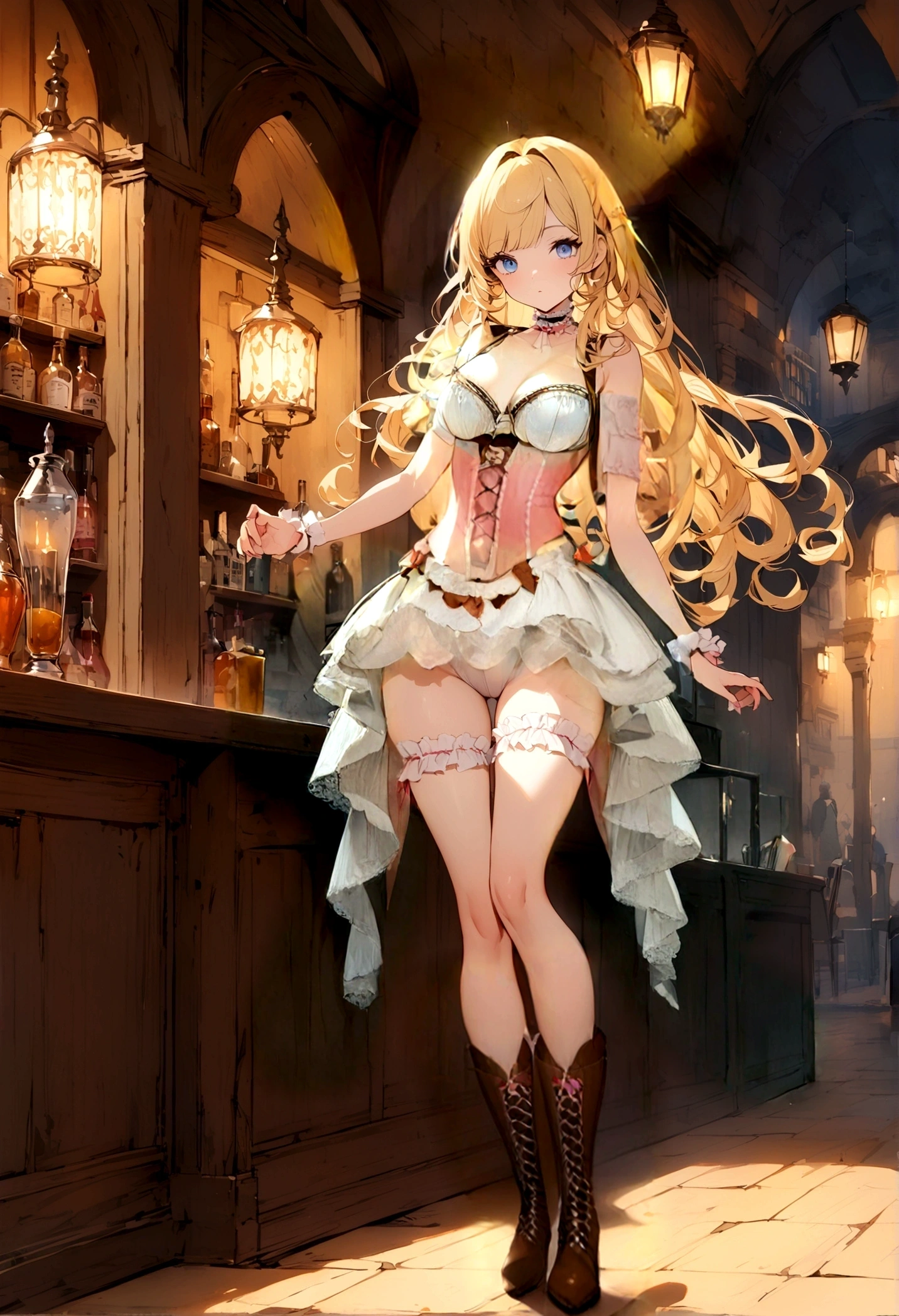 Curls,blonde_hair,blue_eyes,long_eyelashes,long_hair,fringe_bangs,side_curls,fullbody,standing,masterpiece,highress,frilly intricate pink saloon girl dress,knee length skirt,white accents, frilly lace choker,pink corset,lace up heeled boots,stockings,saloon,short at the front center of the skirt