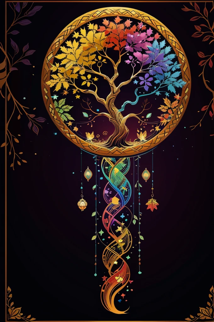 circular tree,four seasons,spring,summer,autumn,winter,leaves,roots,branches,trunk,ornate border,decorative,digital illustration,artwork,movement,time,swirling background,dark background,vibrant colors,natural,life cycle,growth,change,nature,life,peace,harmony,spirituality,symbolism,digital art,illustration,painting,graphic design,art,design,digital media,online art,visual art,fine art,fantasy