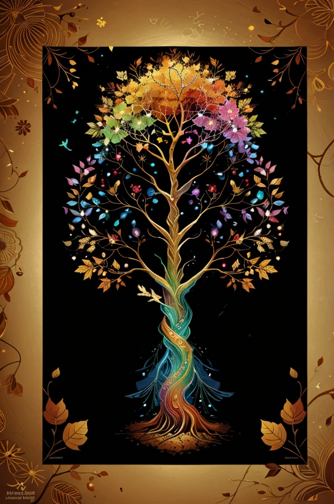 circular tree,four seasons,spring,summer,autumn,winter,leaves,roots,branches,trunk,ornate border,decorative,digital illustration,artwork,movement,time,swirling background,dark background,vibrant colors,natural,life cycle,growth,change,nature,life,peace,harmony,spirituality,symbolism,digital art,illustration,painting,graphic design,art,design,digital media,online art,visual art,fine art,fantasy