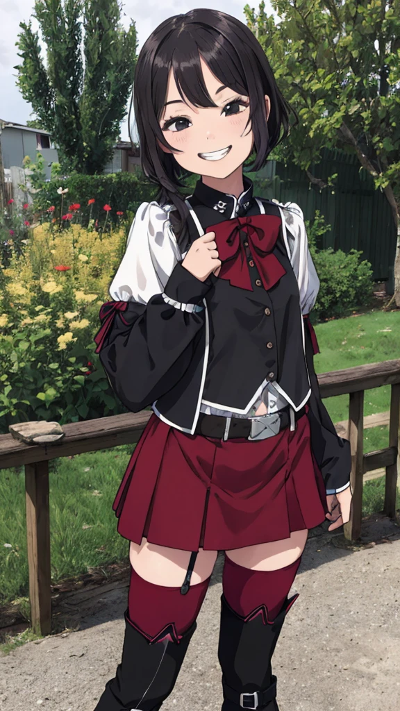 1girl,,petit,grin,outdoor,miniskirt,thighhighs,,boots,blouse