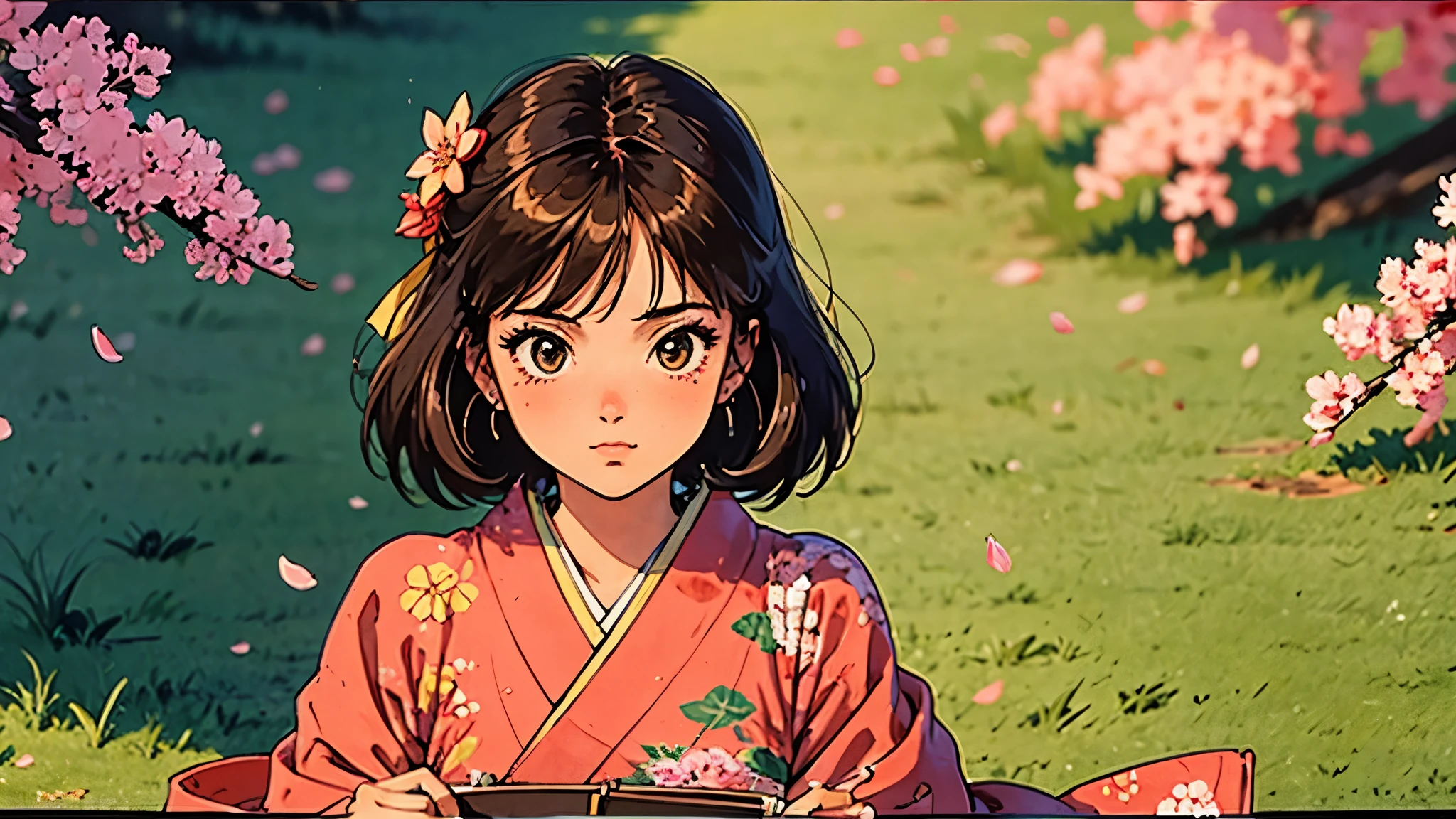 A girl, 80s anime style, retro, lo-fi, outside, kimono, Japanese hair ornaments, cherry blossoms, piercing, fan