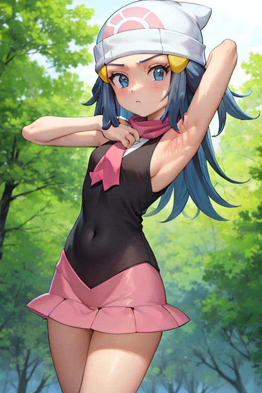masterpiece, best quality, 1girl, dawn \(pokemon\), beanie, long hair, blue hair, blue eyes, black sleeveless shirt, pink scarf, pink skirt, pink boots, looking at viewer, forest background, arms behind head, contrapposto, armpits, steam