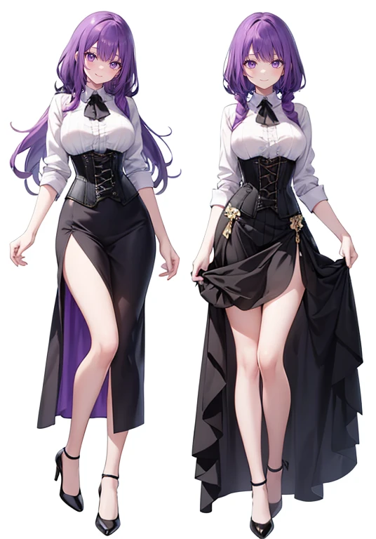 purple,long hair,woman,(corset),Shirt with rolled up sleeves,((Roll up your sleeves)),high heels,,simple background,smile,whole body,full body,full body,Standing picture,vtuber,upright,,Standing upright with face and body facing forward,
