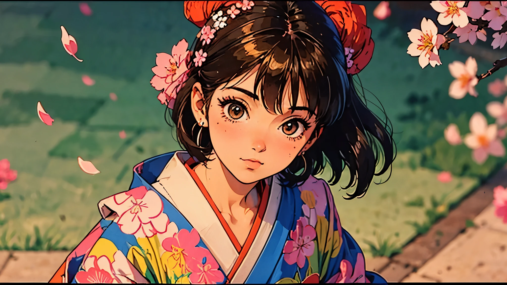 A girl, 80s anime style, retro, lo-fi, outside, kimono, Japanese hair ornaments, cherry blossoms, piercing, fan