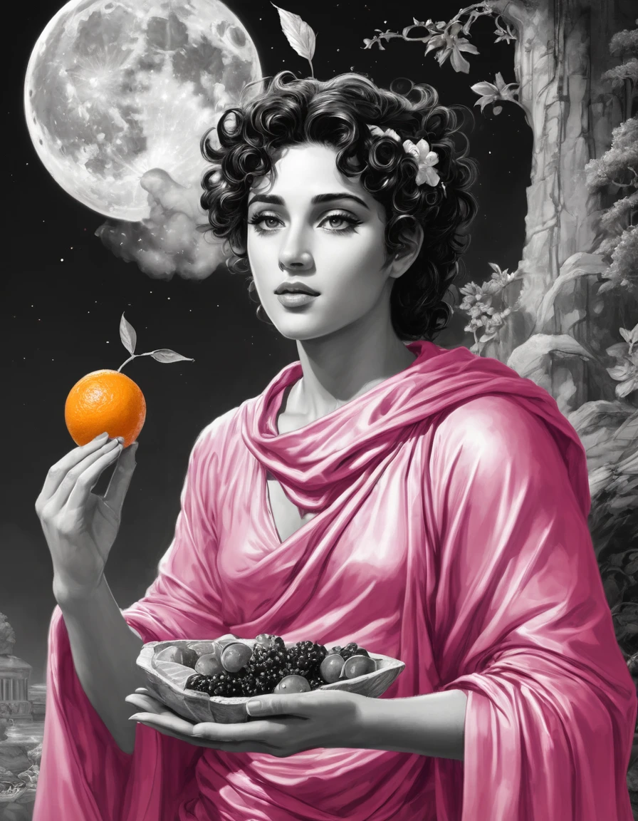 a black and white drawing, There is a faint whiff of Tyrian incense, and the god Apollo stands before you, dressed in a sumptuous pink tunic, stained badly down one sleeve by juice from oranges. Popping another piece of fruit into his mouth, he begins: 'I think you should leave at once. Calypso's a bad thing, really. At least I think she is, or was once, or might be tomorrow. Something terrible could happen if you don't build yourself a raft and escape. I can't help you there, practicality and immortality just don't mix.' Then in a twist of orange peel the god is gone, back to his scrolls and prophesying..{{{{{monochrome}}}}}