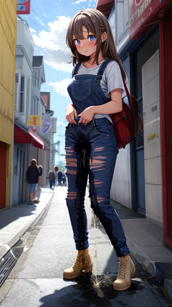 ((best quality, masterpiece, 8K)), (detailed), highly detailed face and skin texture, detailed eyes, downtown, full body, slender body, 1girl, 25 years old, white skin, blue eyes, worried, embarrassed, wavy hair, long hair, (forehead), stylish top, denim pants, blue jeans, footwear, peeing jeans, peeing pants, pee stain, (wetting herself), desperation,