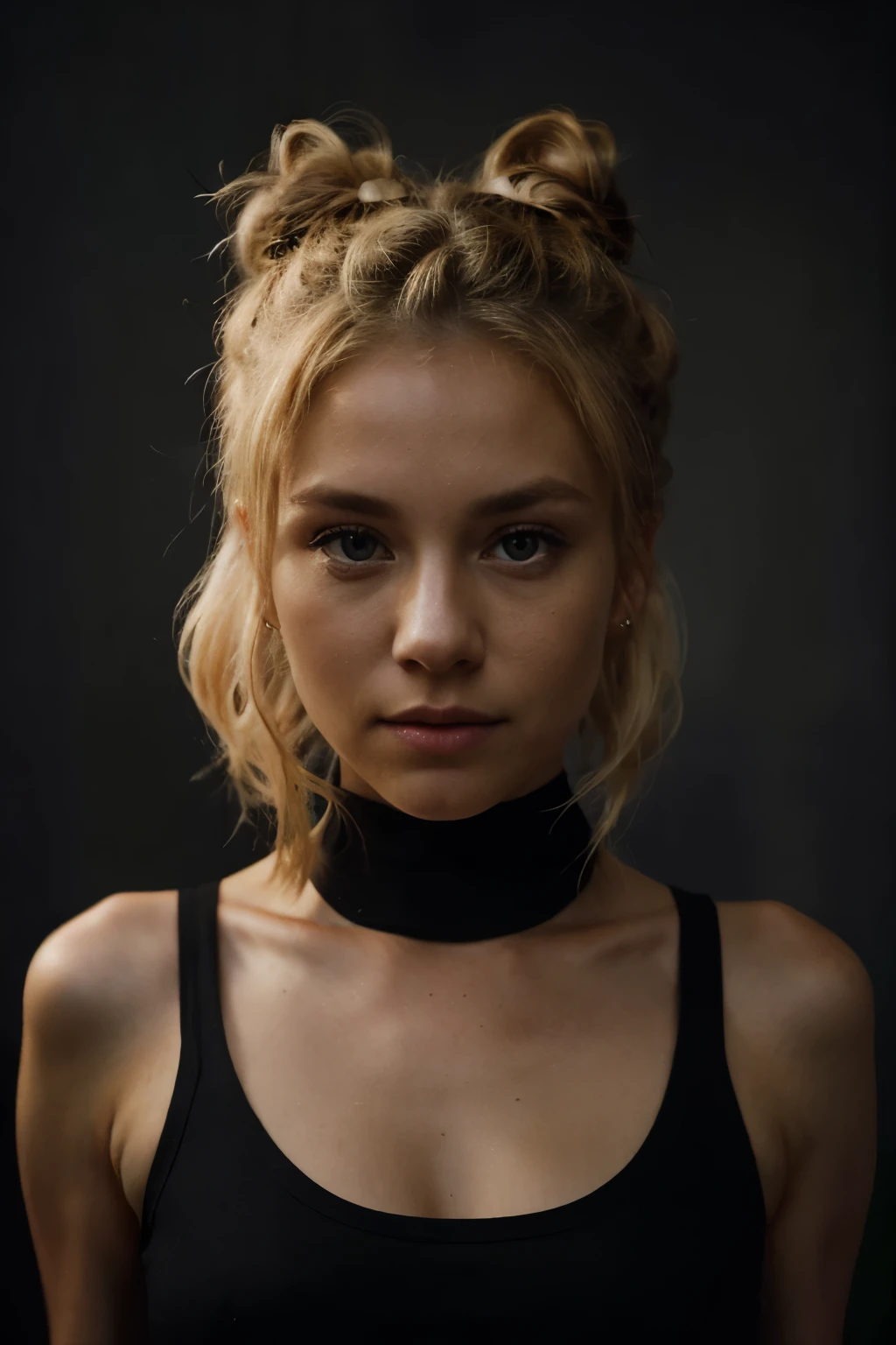 an eye contact of a blond with bun hair and dark theme