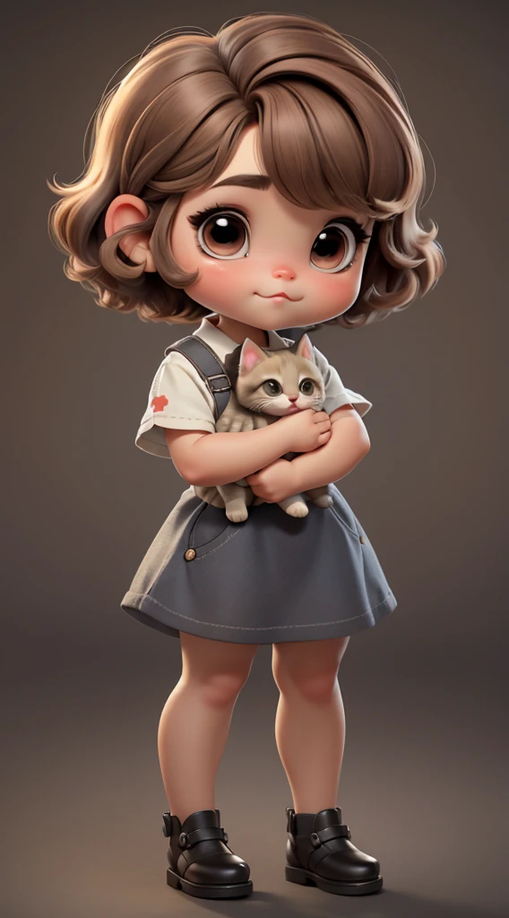 baby girl, cute miniature, chibi style, short hair, light brown hair, light skin, holding a gray kitten, full body