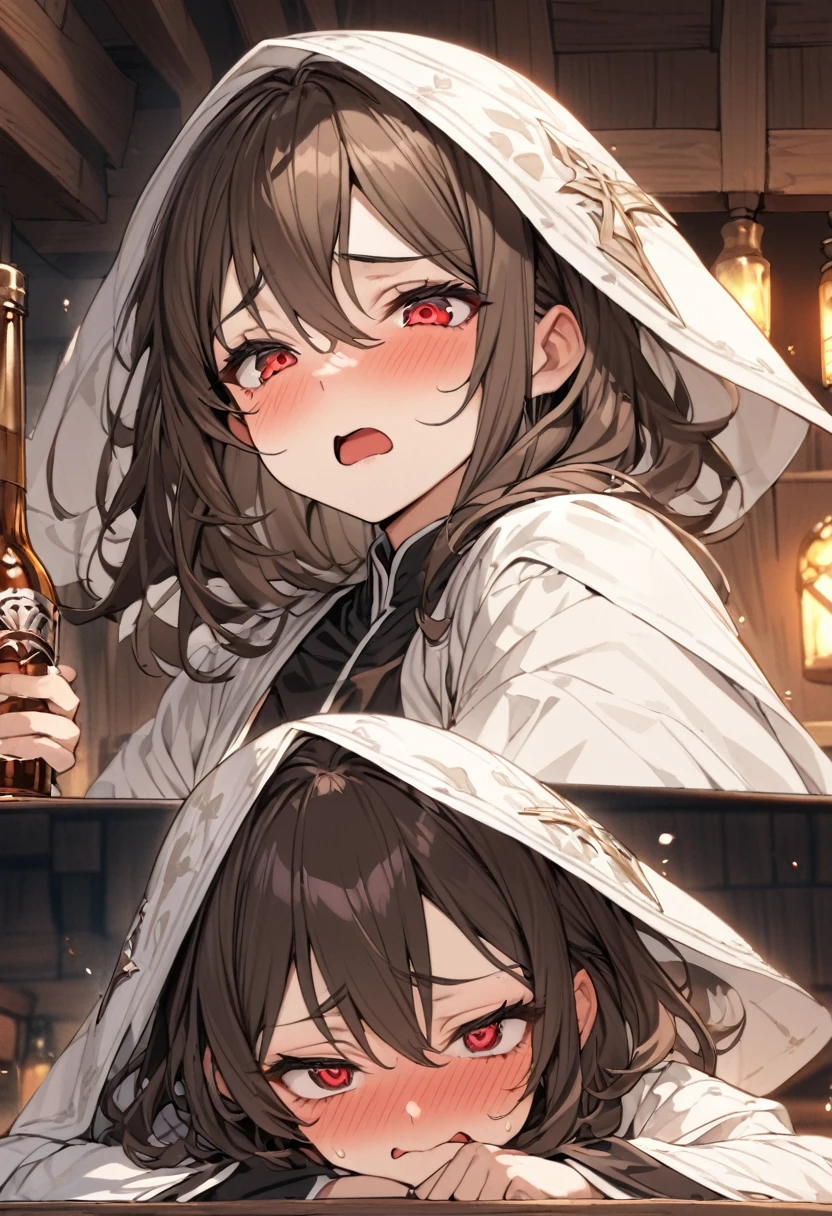 Adult female, fantasy, very short dark brown hair, red eyes, cleric, black on white cleric robes, blushing, drunken yelling, tavern, sad tsundere, drunk, highly detailed, best detail, high quality, perfect eyes, expressive eyes,