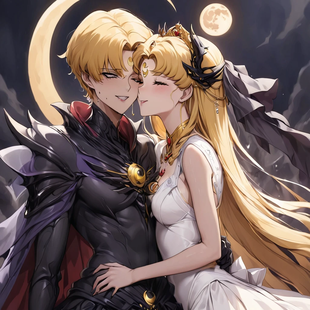 ((Highest quality)), ((masterpiece)), (detailed), (Perfect Face)、Black moon mark on forehead、The woman is Black Serenity, the noble dark queen of the Black Moon clan and has blonde hair.2The woman with long hair tied in a knot is Princess Serenity, a strong, evil, naked demon king, and the two are embracing each other as a dark bride, kissing and getting married.、The woman has a black inverted crescent moon mark on her forehead, a gorgeous and glittering black gothic Victorian dress, a black veil and a black see-through cape, and is wearing luxurious jeweled accessories. She is the Queen of Darkness, the jet-black Princess Serenity, looking at the camera with a happy expression, and has the expression of a maiden in love.、A woman and a strong, evil demon king man are embracing the dark bride woman, kissing her vows and getting married.