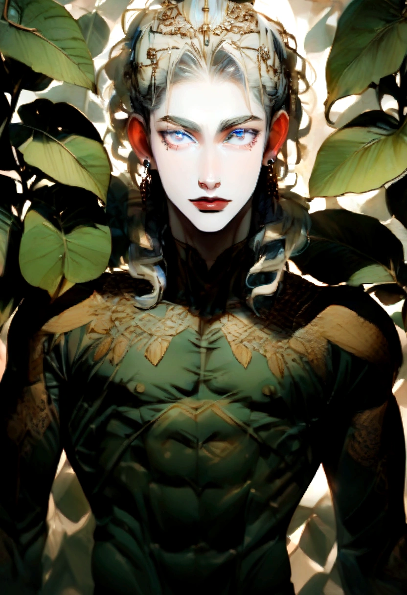 young man, He has blond hair, piercing blue eyes and an athletic body, using a fig leaf as cover