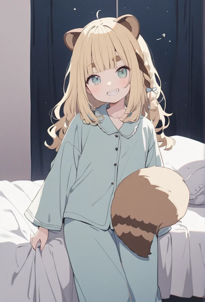 anime,(pale colors:1.8),long shot, 1girl, solo, (on right:1.3), full body, solo, grin, smile, holding pillow, sleepy eyes, fang, light yellow hair, racoon ears, racoon tail, (brown streaked hair:1.3), side braid, (blunt bangs), wavy hair,thick eyebrows, pajamas, night cap, bed background,