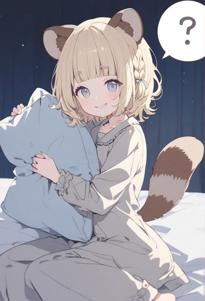 anime,(pale colors:1.8),long shot, 1girl, solo, (on right:1.3), full body, solo, grin, smile, holding pillow, sleepy eyes, fang, light yellow hair, racoon ears, racoon tail, (brown streaked hair:1.3), side braid, (blunt bangs), wavy hair,thick eyebrows, pajamas, night cap, bed background,