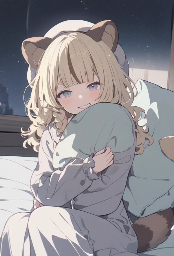 anime,(pale colors:1.8),long shot, 1girl, solo, (on right:1.3), full body, solo, grin, smile, holding pillow, sleepy eyes, fang, light yellow hair, racoon ears, racoon tail, (brown streaked hair:1.3), side braid, (blunt bangs), wavy hair,thick eyebrows, pajamas, night cap, bed background, 