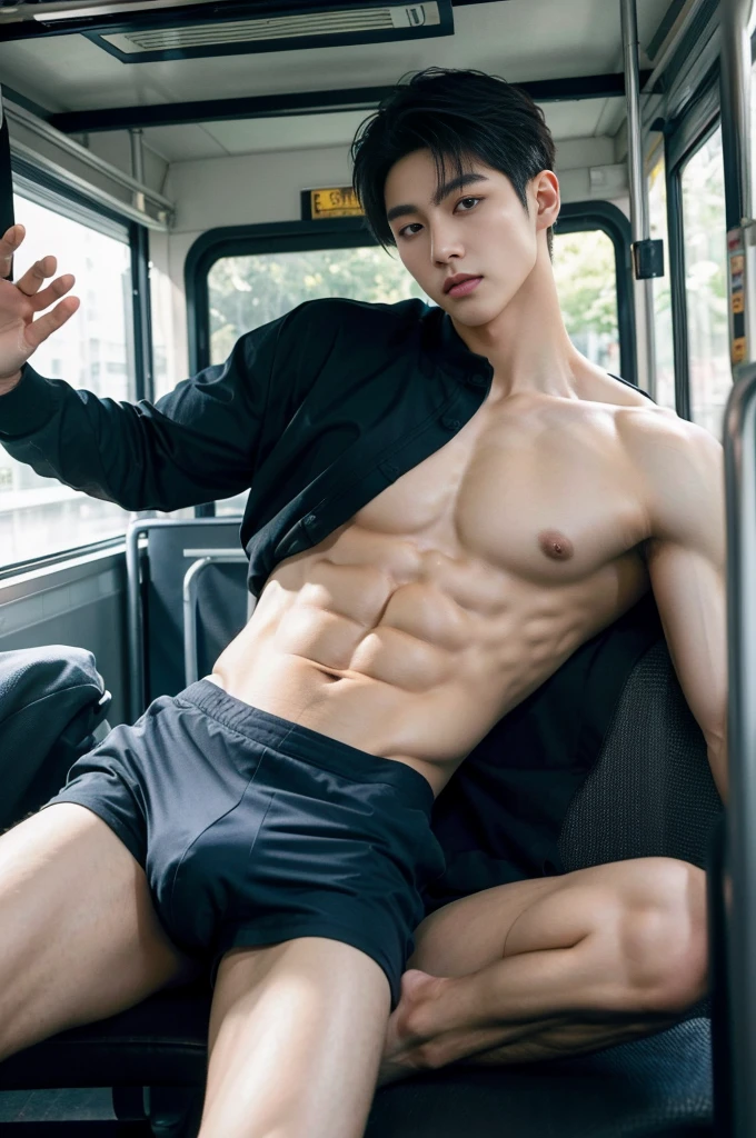 asian man,   men, unsmooth skin, wearing no shirt, muscular chest, Dark eyebrows, bulge grande, volume in underwear, pose natural, legs spread open, stand in bus