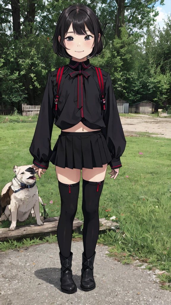 1girl,10yo,petit,,outdoor,miniskirt,thighhighs,,boots,blouse