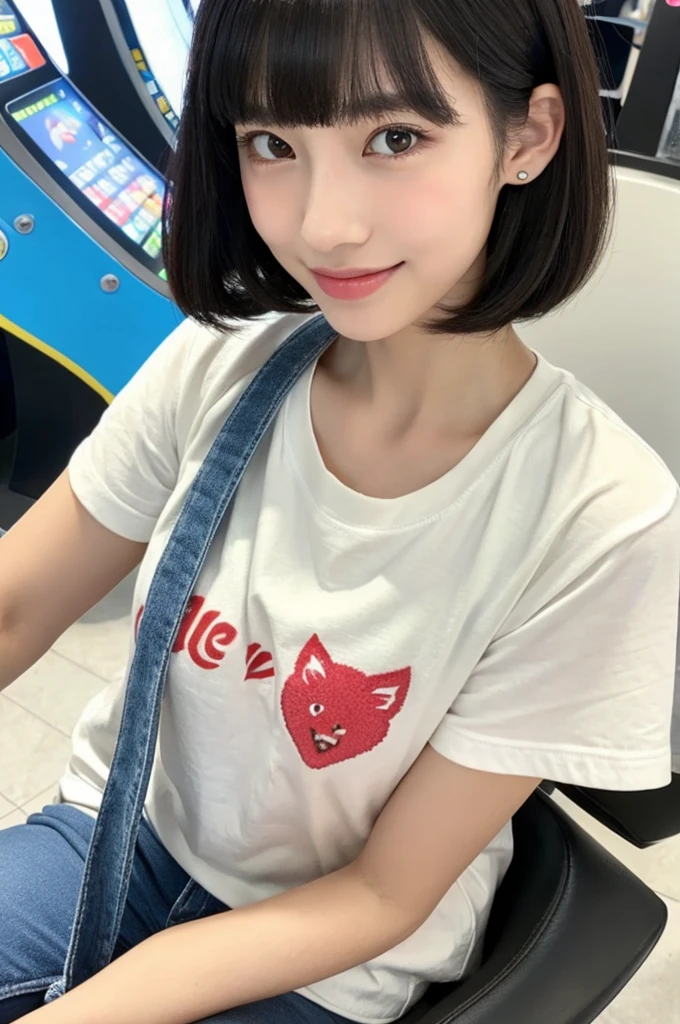 Game center, professional gamer, ((full body)), ((photo)), ((best qualtiy, 8K, tmasterpiece: 1.3)), Focus: 1.2, perfect figure beautiful girl: 1.4, 1girl, cowboy shot, look at viewer, eyes facing the camera, incredibly absurd, beautiful and cute girl with a photorealistic face, showcasing top-quality craftsmanship, A Japanese girl playing games at an arcade, 17 years old, with a bob cut, silky black hair, bangs cut at an angle to reveal her right eye, large eyes, a soft smile, tanned skin, thin and well-formed eyebrows, straight nose with a rounded tip, thin lips but a healthy, natural pink colour, small ears with pierced ears, a slender neck with a sharp jawline, a small face with well-formed facial features, fair, fine, translucent skin, long eyelashes that make the eye makeup stand out, eyes that are powerful but also kind, Well-aligned, white teeth, healthy, shiny skin and hair, friendly expression, , slender, well-balanced proportions, good posture, beautiful C-cup breasts, white character T-shirt, blue denim jacket, yellow shorts, white sneakers, silver earrings, tote bag with game character illustration printed on it, beautiful girl, moe, devilish type, sociable and easy to talk to, values teamwork, curious and adventurous, has a sense of humor, July