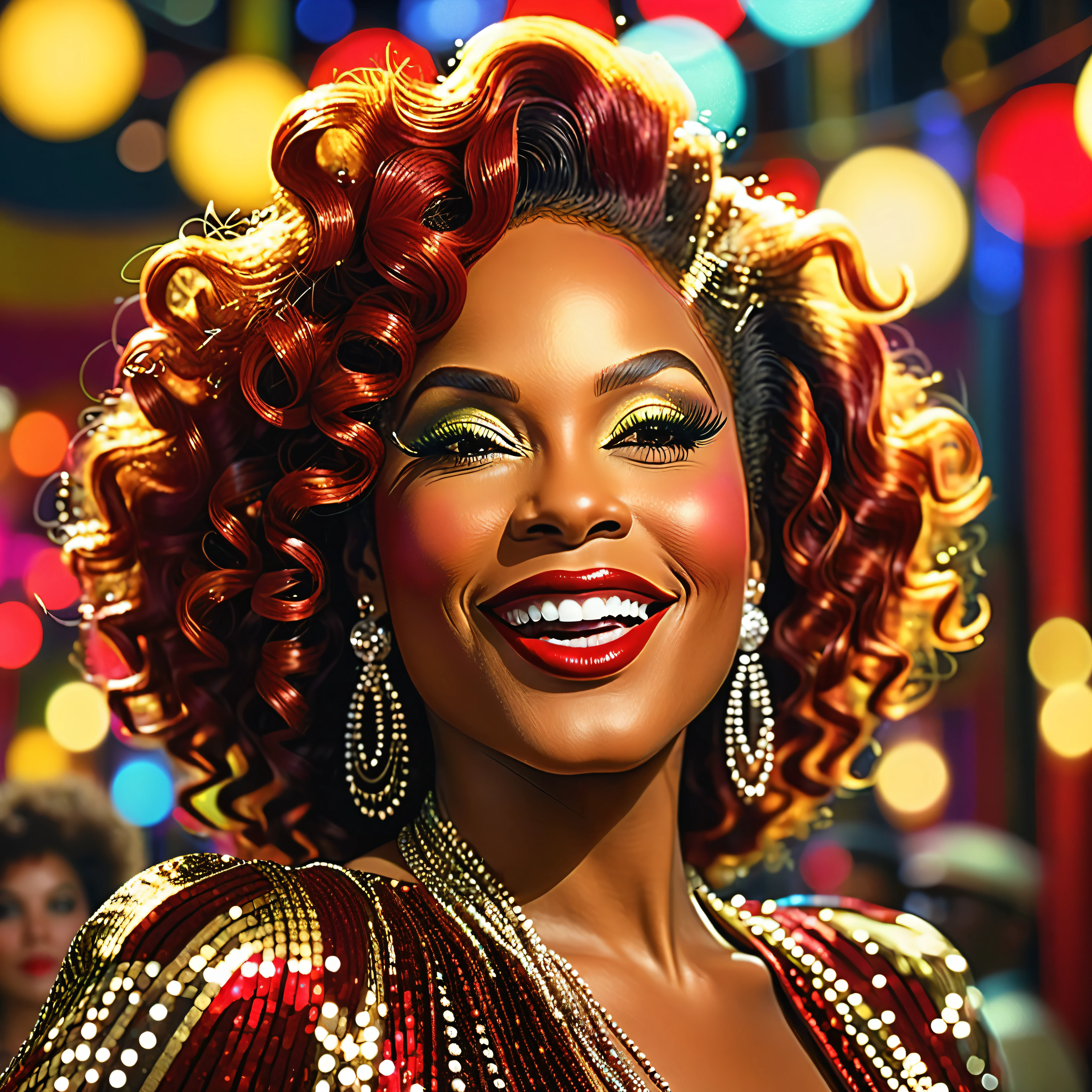 Create a close-up face portrait of a fictional 1970s African-American female R&B superstar named Ruby Roux. She has vibrant red curly hair, expressive brown eyes, and a radiant smile. Ruby wears bold makeup typical of the 1970s, including dramatic eyeliner and red lipstick. She is adorned with large hoop earrings and a glittery outfit that reflects the flashy style of the era. The background should feature a blurred colorful stage with vintage lights, adding to the retro and glamorous atmosphere. cinematic action, cinematic lighting, backlighting, masterpiece, anatomically correct, textured skin, super detail, 8k atmospheric perspective, depth of field,