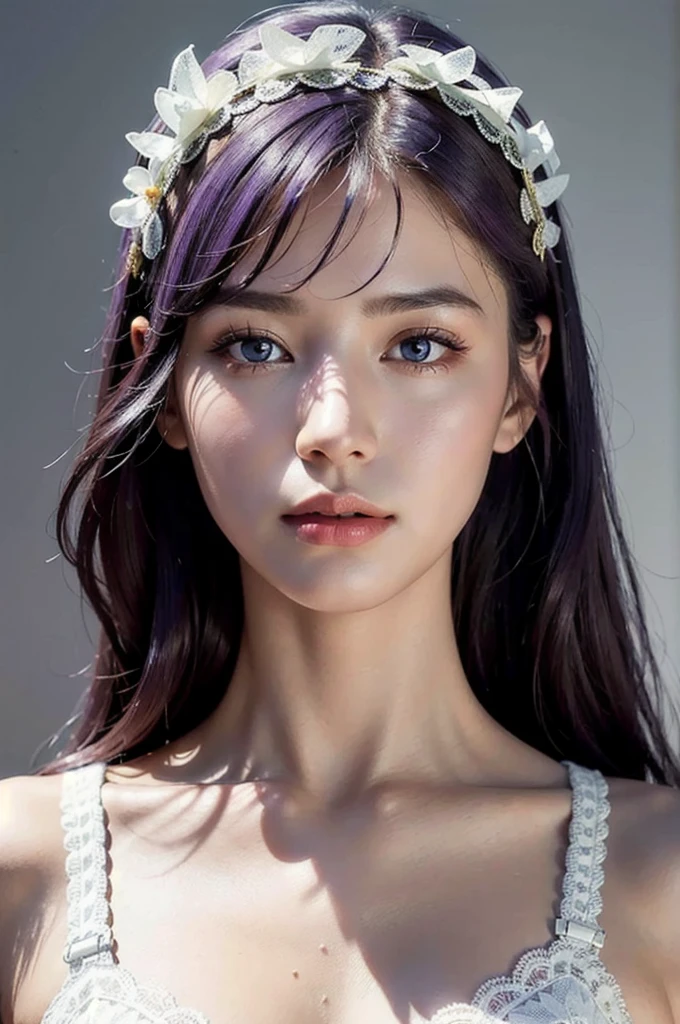 best quality,masterpiece,extremely detailed,high res,4k,ultra high res,detailed shadow,ultra realistic,realistic,dramatic lighting,1girl,solo,detailed face,realistic eyes,realistic skin,white dress,purple hair,dynamic pose, white lace dress