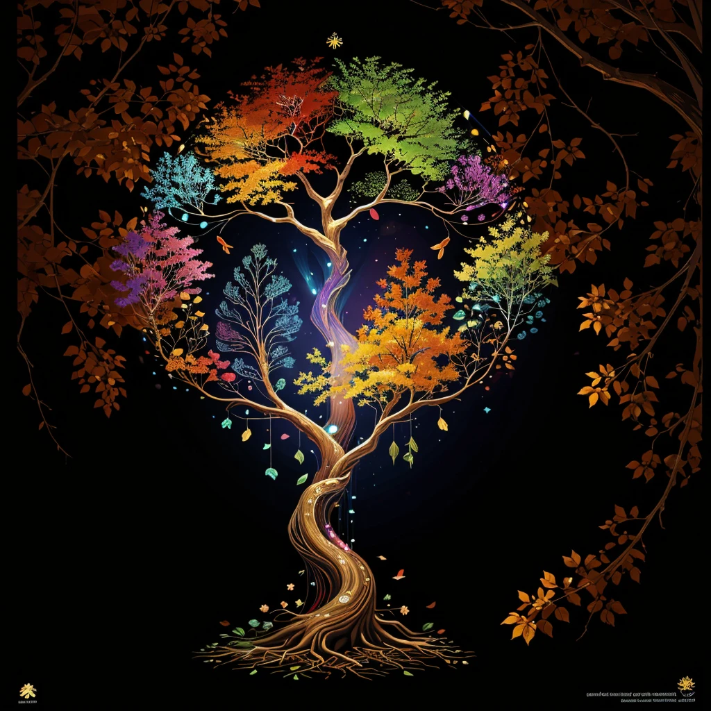 circular tree,four seasons,spring,summer,autumn,winter,leaves,roots,branches,trunk,ornate border,decorative,digital illustration,artwork,movement,time,swirling background,dark background,vibrant colors,natural,life cycle,growth,change,nature,life,peace,harmony,spirituality,symbolism,digital art,illustration,painting,graphic design,art,design,digital media,online art,visual art,fine art,fantasy