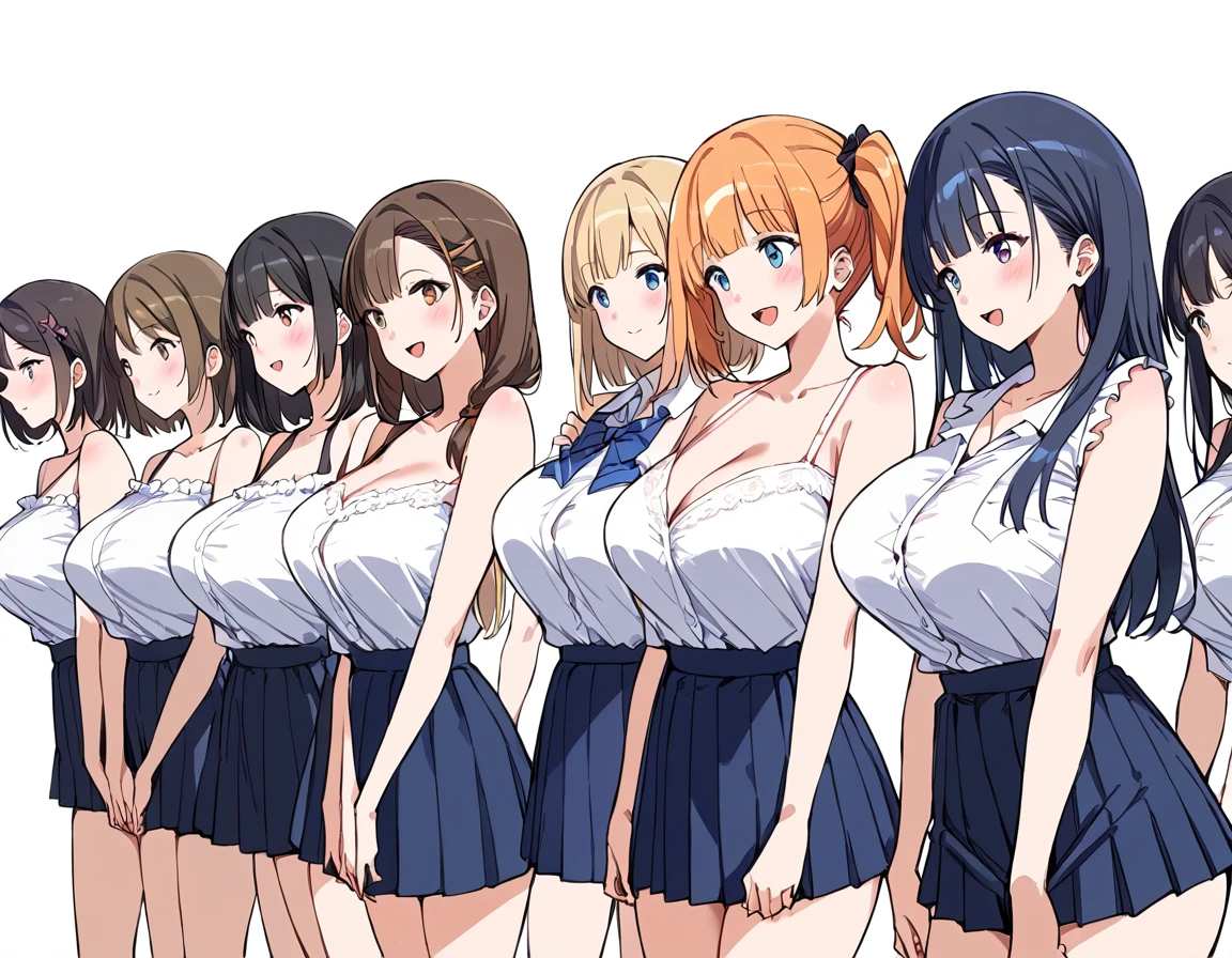 masterpiece, best quality, simple background, random hairstyle, large breasts,  6 girls, skirt, bare shoulder, upper body,
