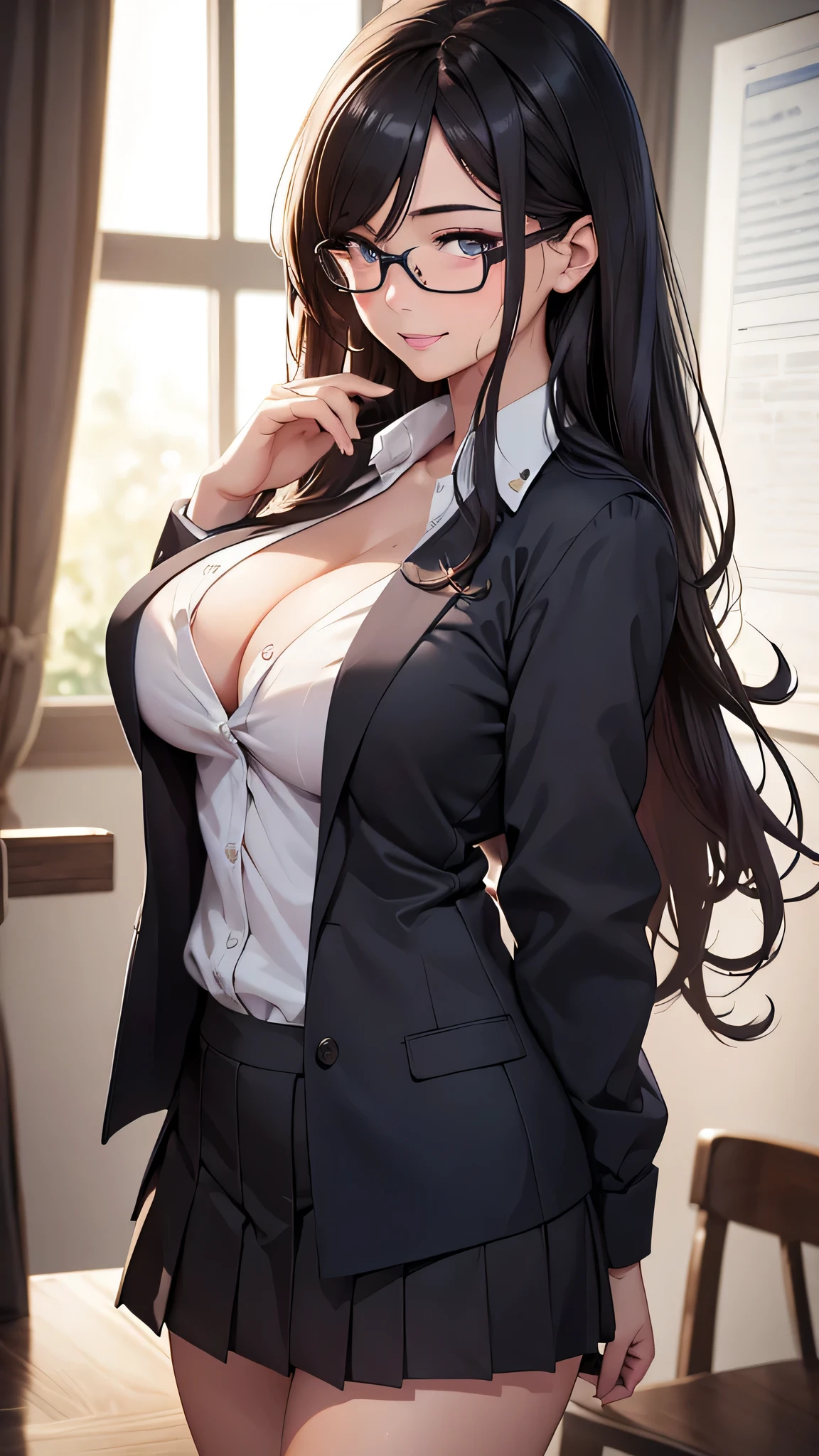 1 girl, glasses, big breasts, unbuttoned wet school uniforms, loose hair, smiling at you, sexy pose, blush, night light, detailed anime face, beautiful eyes, detailed hand, long eyelashes, detailed lips, detailed skin, intricate details, elegant, beautiful lighting, cool colors, cinematic, soft focus, photorealistic, masterpiece, 8k, ultra-detailed, (best quality, 4k, 8k, highres, masterpiece:1.2), ultra-detailed, (realistic, photorealistic, photo-realistic:1.37)