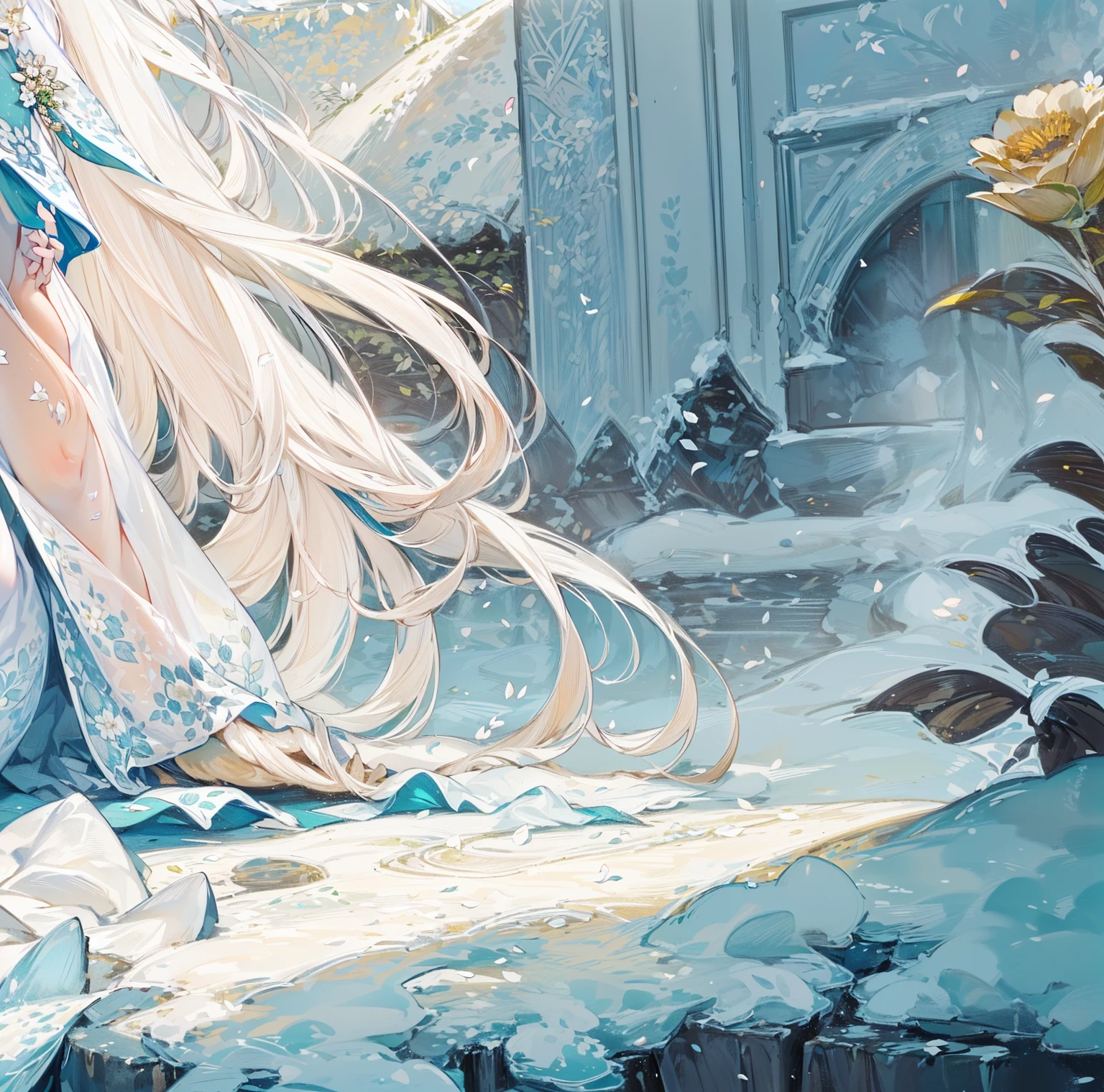 ((best quality，masterpiece，Extremely complex and exquisite details))，White long straight hair，(correct anatomy，Holding hands on the ground)，(Exquisite light blue and white clothing，Beautiful bright and exquisite snow white ancient style high transparent architectural background)，(Rose，Snow，Falling Flowers，Majestic and elegant outdoors)