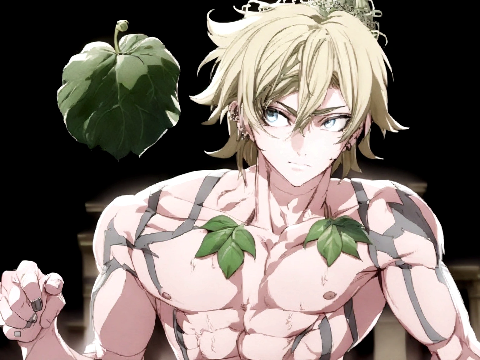 young man, He has blond hair, piercing blue eyes and an athletic body, using a fig leaf as cover