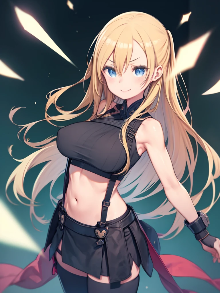 One Girl、Long blonde、Hair between the eyes、Big Breasts、Huge breasts、Blue Eyes、A short, fitted black skirt、Black knee socks、boots、Green Crop Top、Elbow protectors、fingerless gloves、suspenders、Tifa Lockhart costume、suspenders、Green tank top、belly button、clavicle、Abdominal muscles、Watching the audience、Upper Body、Angle from the front、Smiling、field、Fighting Pose、V-shaped eyebrows、