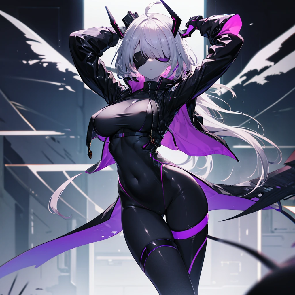 echanis_enicha, background, incredible high-key lighting, masterpiece, high quality, ambient soft lighting, 4K, 1girl, alternate breast size, belly, breasts, big breasts, glowing, long hair, feathered bangs, bangs, feathered hair, navel, purple eyes, solo, stretching, arms raised, hands behind head, armpits, purple theme, blue highlights, simple background, futuristic, pale skin, gleaming skin, synthetic skin, thick, curvy, bodysuit, sleek bodysuit, techsuit, ahoge, facing viewer, purple highlights, thigh highs, thigh strap, skindentation, navel, navel window, tight, translucent antennae, casual stance, android, artificial humanoid, underboob, boob window, single eye patch, brilliant eye, sparkling eye, skinkintight, cybernetic, asymmetrical clothes, best quality, realistic, absurdres, perfect shadows and lighting,