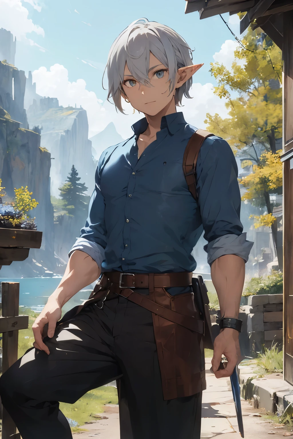 ((best qualityer)), ((work of art)), (detailded), ((RPG)), 1 men, 3 different poses, different expressionshybrid, half elf, half draconic, Caucasian skin, semi scaly peel, medium silver hair, golden amber eyes, draconic eyes, scales on necks, adventurer outfit, leather cover,longCap, striped shirt, blue and copper shirt, blue pants, shoes black, background mountains, background trees