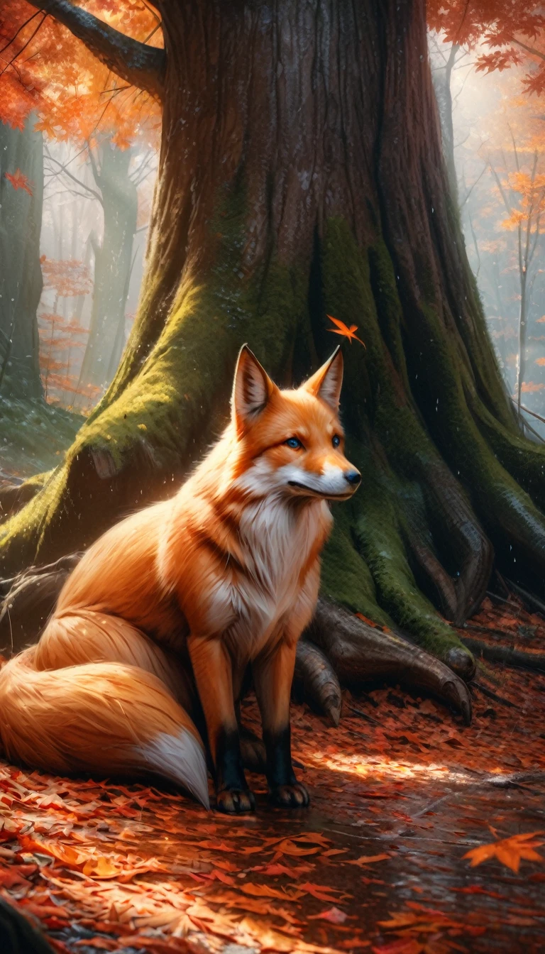 (Best Quality,4K,8K,hight resolution,masutepiece:1.2),Ultra-detailed,(Realistic,Photorealistic,Photorealsitic:1.37),Colorful autumn landscape, Fox,cute fox,autumn forest,Fox in a maple leaf cloak,Hidden Fox,Tree roots,rainy day,tranquil atmosphere,maple trees,Colored leaves,Color Fox,dark green and orange leaves,,peaceful environment,Natural lighting,Soft raindrops,Leaves in the ground,Gentle fog,The sparkling sun illuminates the forest,Majestic tree trunk,Quiet loneliness,Magical atmosphere